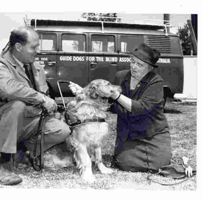 A black and white photo of Lady Coles and Tom Blair sitting with a yellow Labrador
